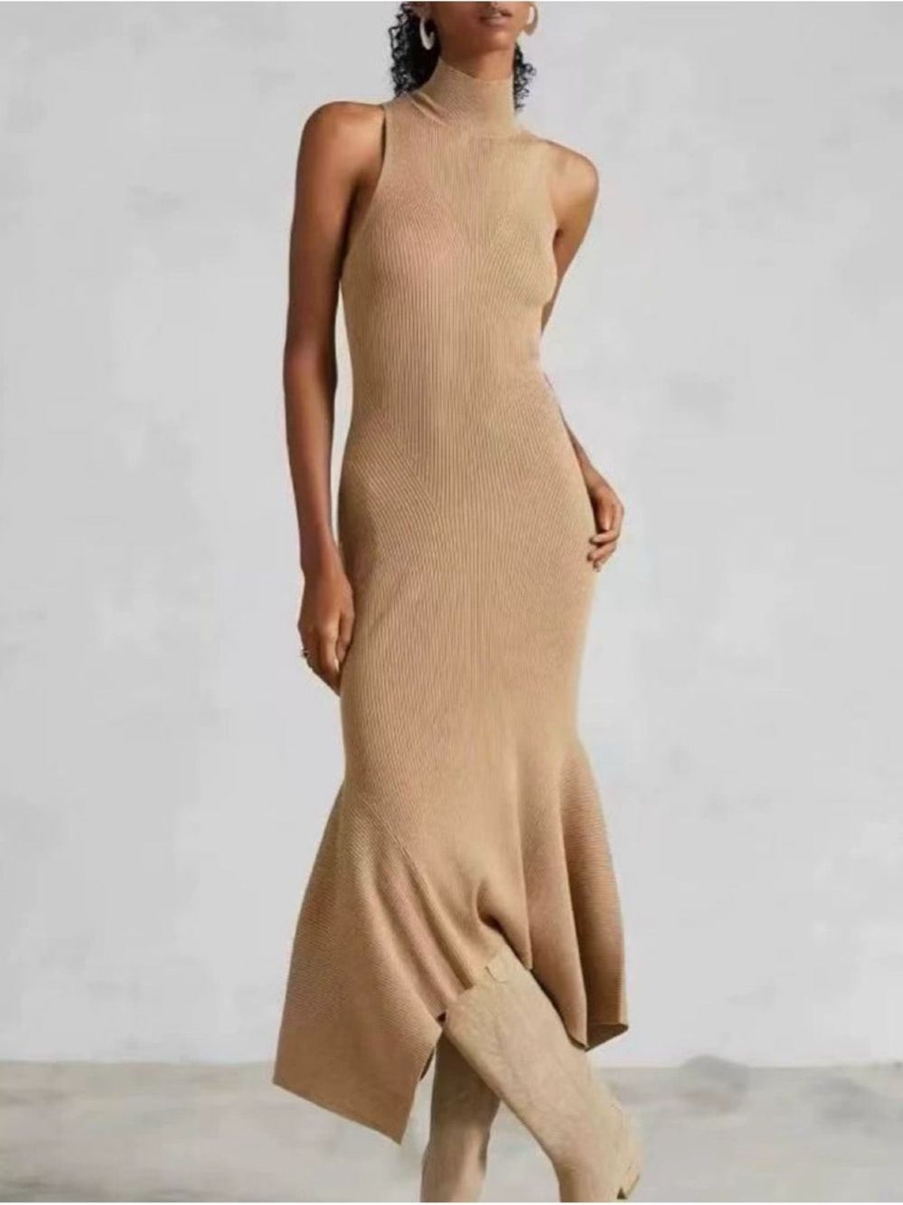 ANTHROPOLOGIE MOCK NECK MIDI DRESS RIBBED SLEEVELESS - CAMEL - Small